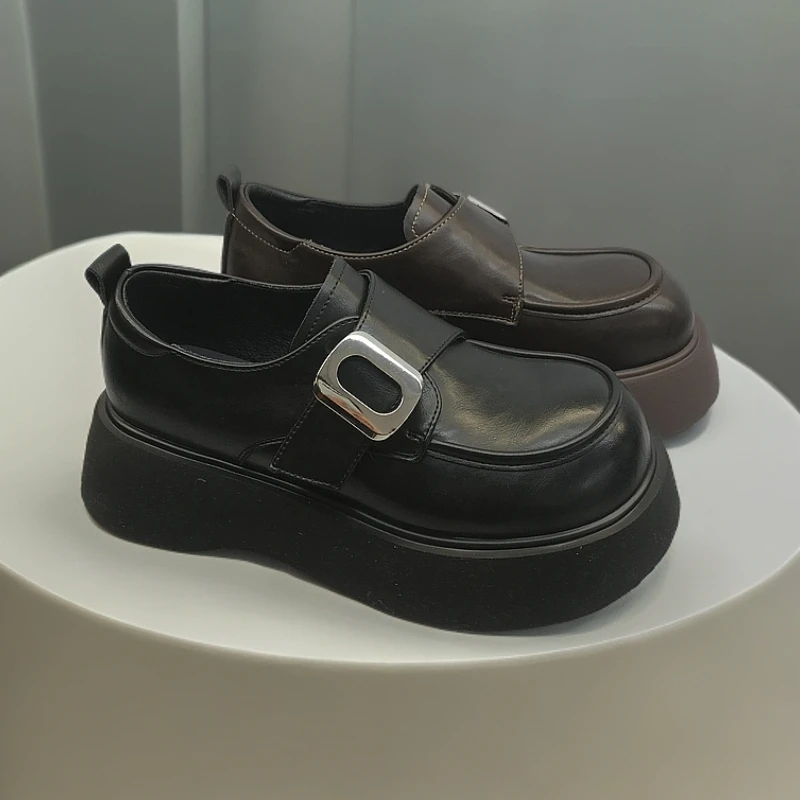 增高春季乐福鞋复古魔术贴小皮鞋圆头日系时尚韩版春女鞋单