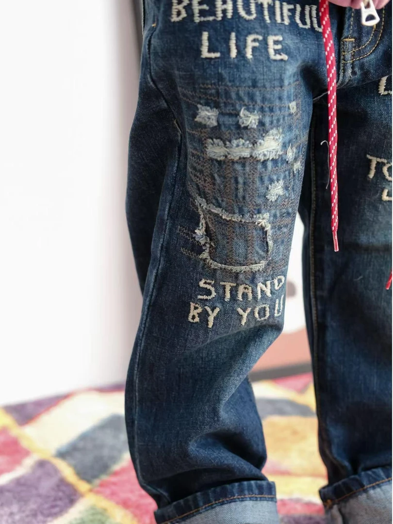 【一彩妈】25新款 儿童小狗刺绣牛仔裤 美好生活 日系深蓝色牛仔裤