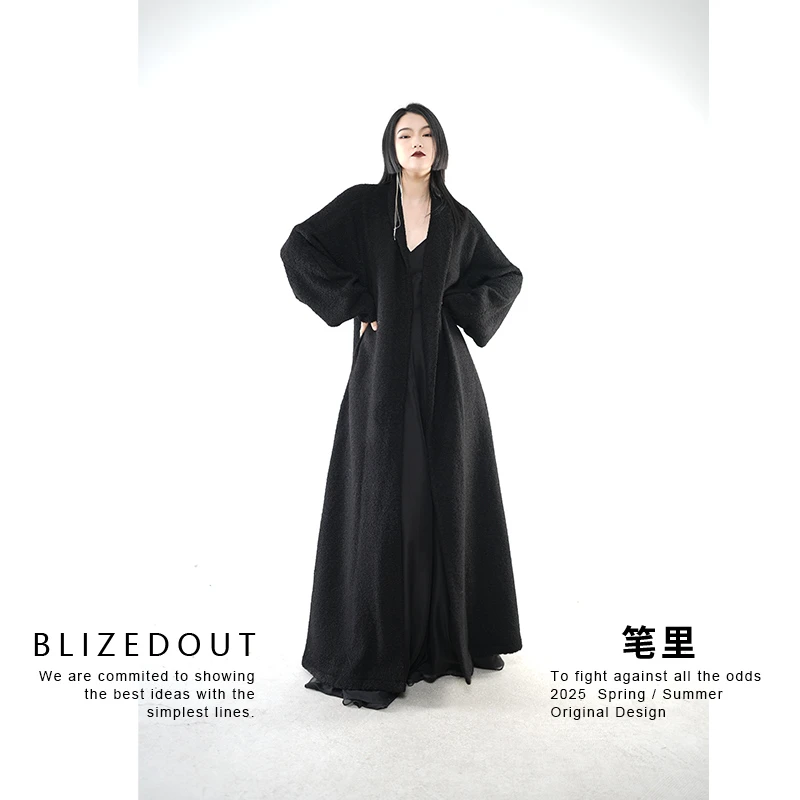 笔里【BLIZEDOUT】原创设计5112902黑色青果领加长款秋冬羊毛呢大衣