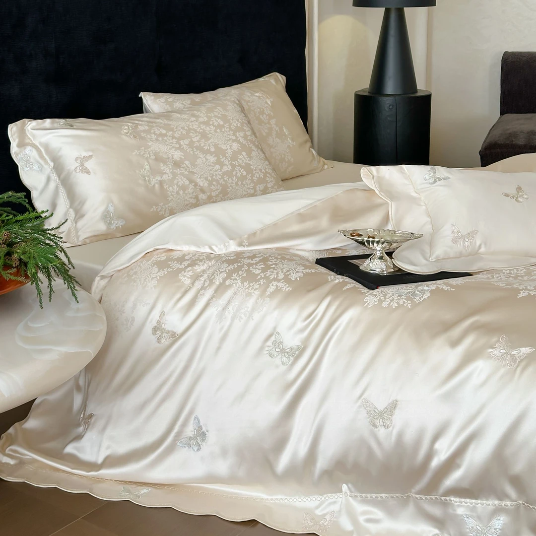 孔龙 蝶舞花间 天丝棉高精密色织提花刺绣轻奢简约天丝棉四件套