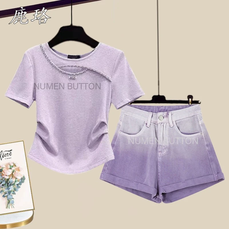 小个子夏日多巴胺减龄一整套女时尚新款紫色洋气短袖搭配牛仔短裤