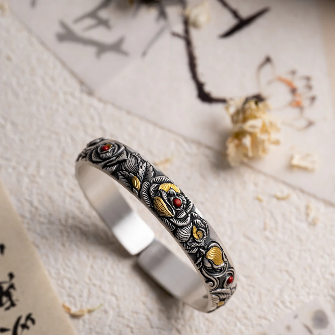 足银手镯 玫瑰花香丨足银999丨玫瑰錾刻精致新中式宝石镶嵌约66克