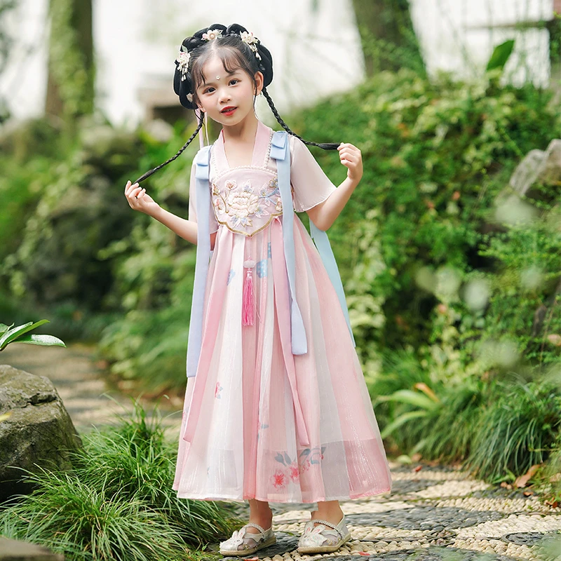汉服女童夏季薄款短袖儿童中国风仙气公主连衣裙女孩古装表演襦裙