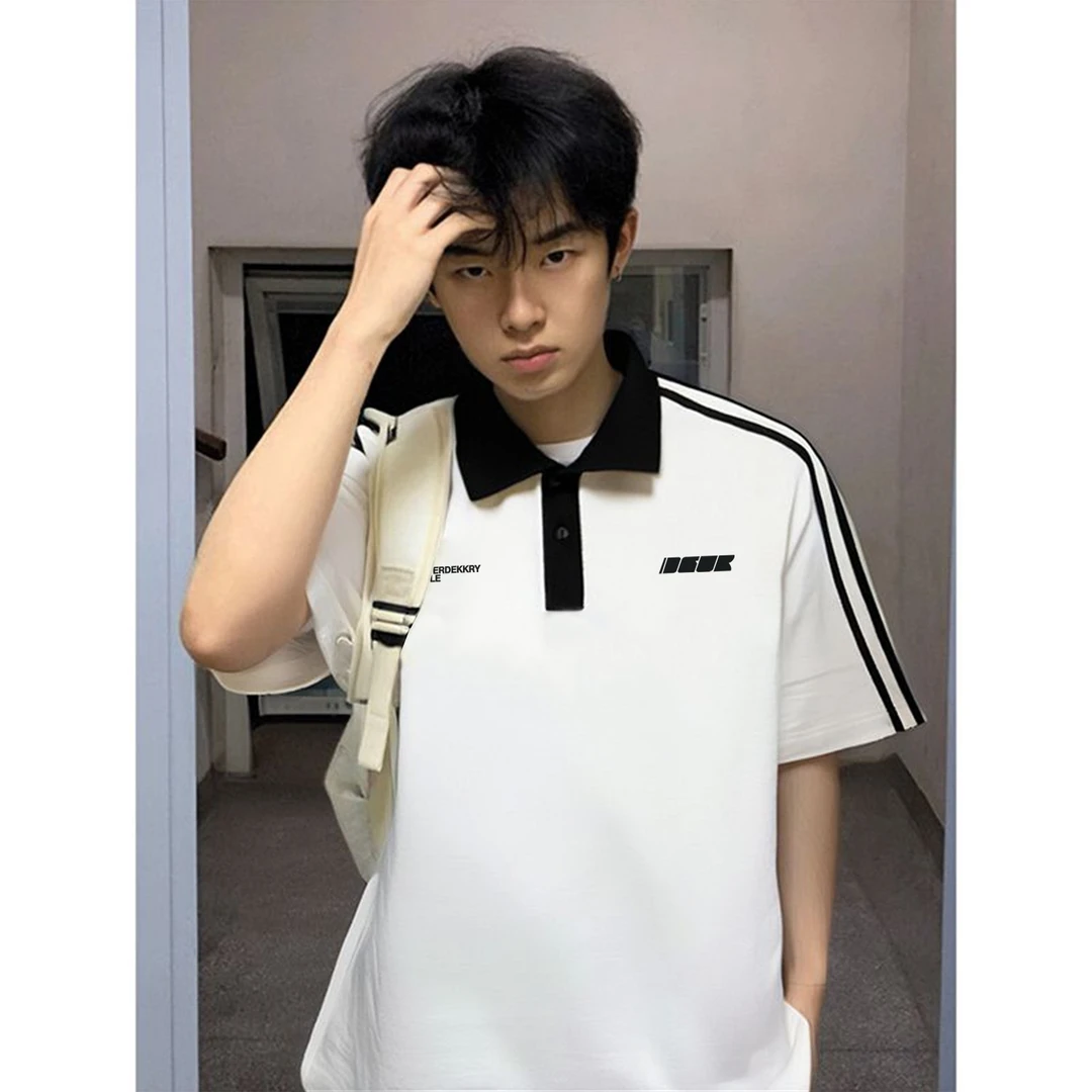 美式简约字母印花拼色翻领短袖宽松男女夏季潮流纯棉Polo衫上衣