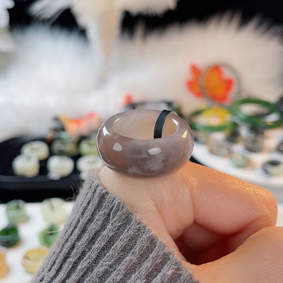 和田玉未镶嵌戒指k55 烟紫墩墩18.5mm