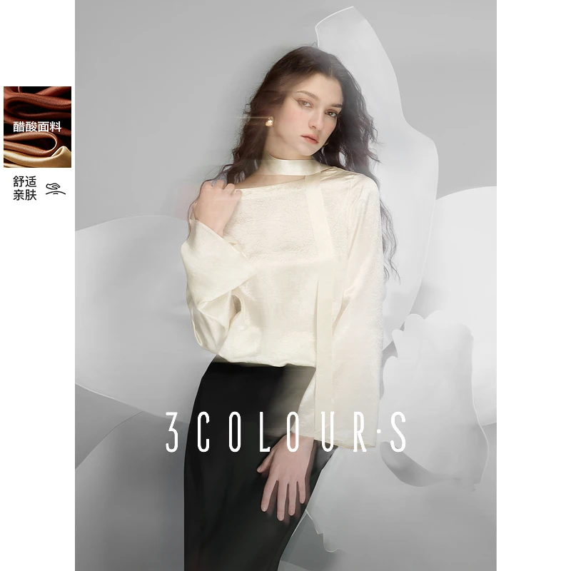 【醋酸衬衫】三彩2025春季新款宽松衬衣小衫一字领上衣附飘带女S