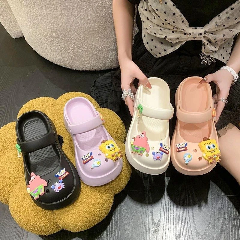 包头洞洞鞋女DIY可爱海绵宝宝厚底防滑外穿女百搭拖鞋女夏季洞洞