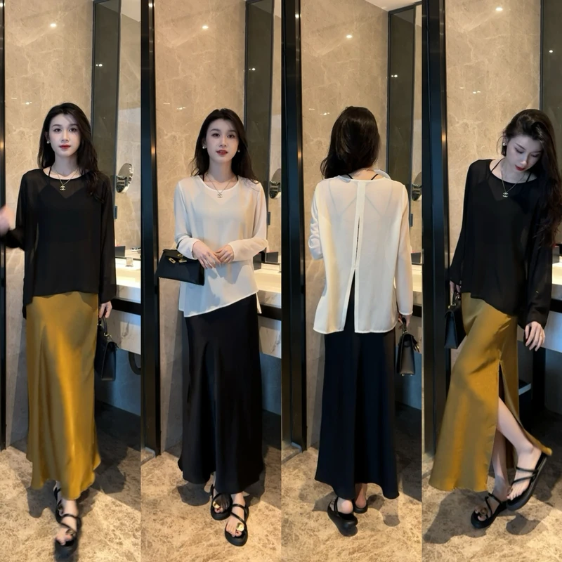 圆领时尚不规则开叉设计感上衣+百搭高腰显瘦中长款半身裙套装