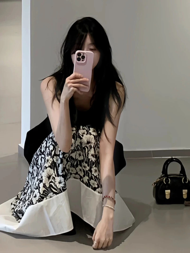 夏装搭配一整套韩系黑色方领吊带背心无袖海边度假连衣裙子女夏季