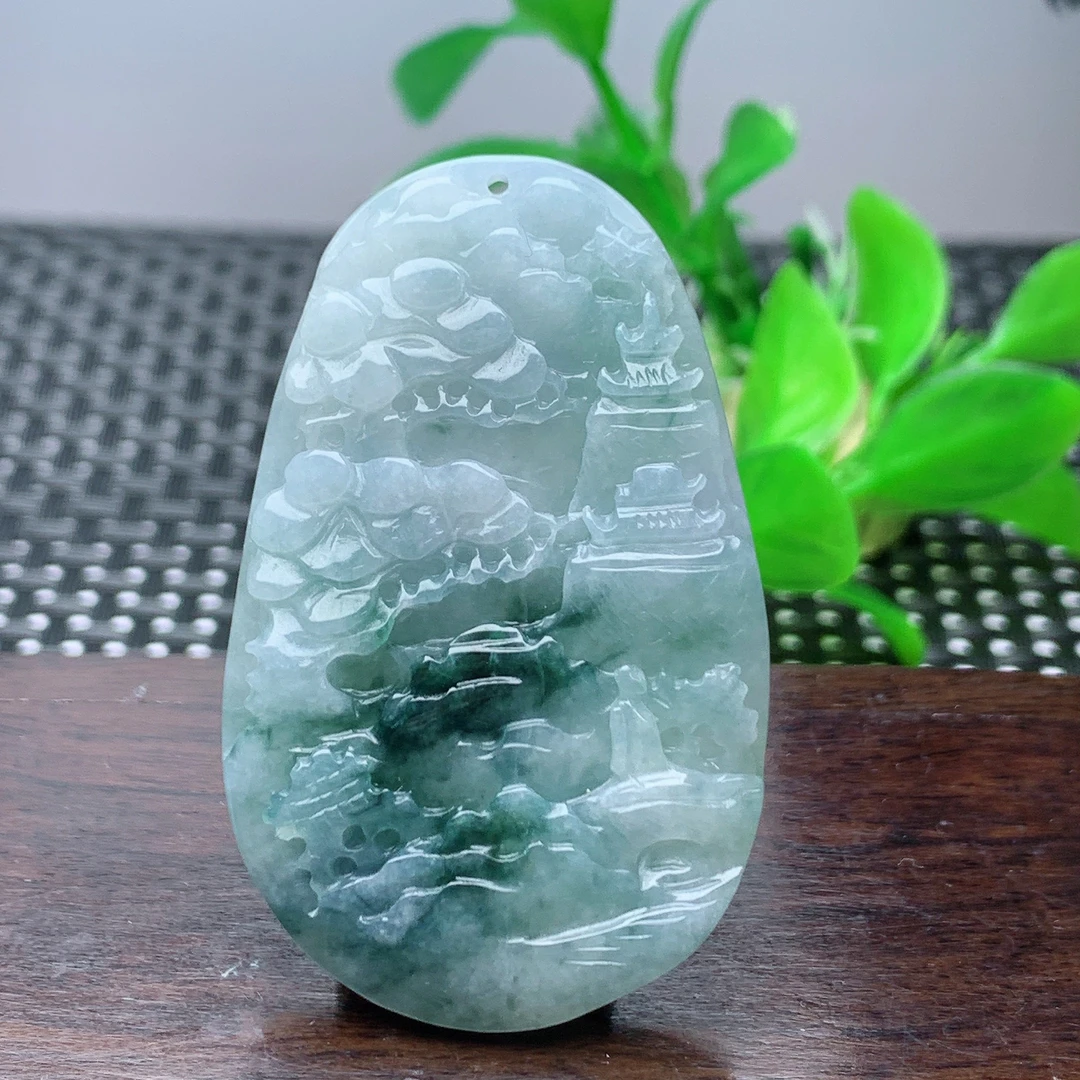 天然A货翡翠山水牌吊坠冰透飘花精雕缅料挂件项坠