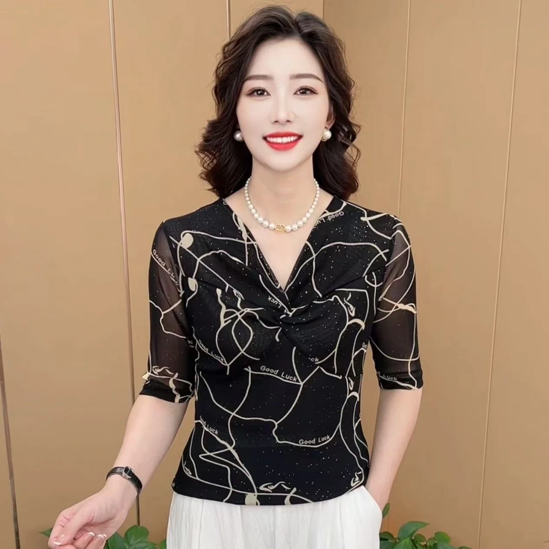 早秋新款时尚V领扭结洋气妈妈装休闲显瘦百搭女士弹力打底衫K1711