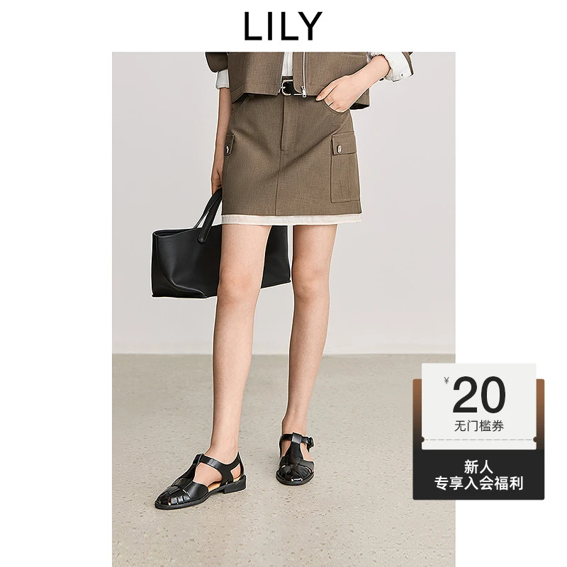 LILY2025春植物系巴恩风拼接时尚百搭通勤直筒半身裙125129C6923