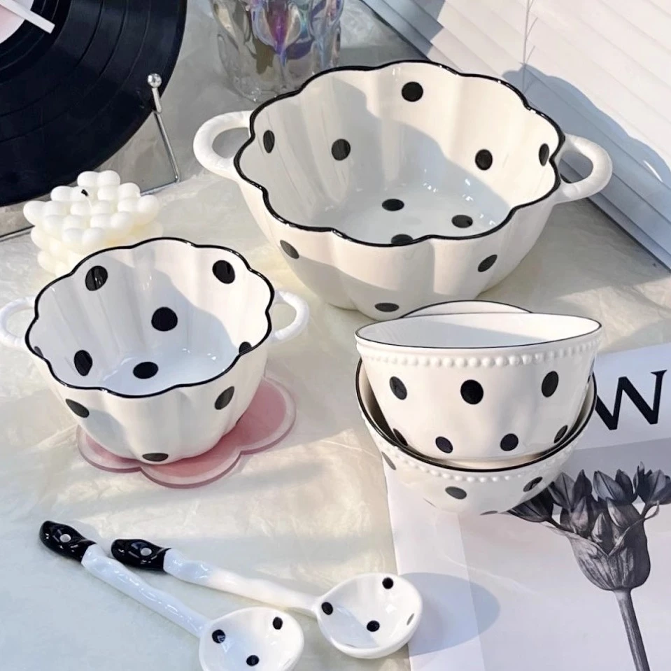 赫本风波点双耳汤碗家用高颜值大号陶瓷面碗饭碗大碗螺蛳粉碗ma