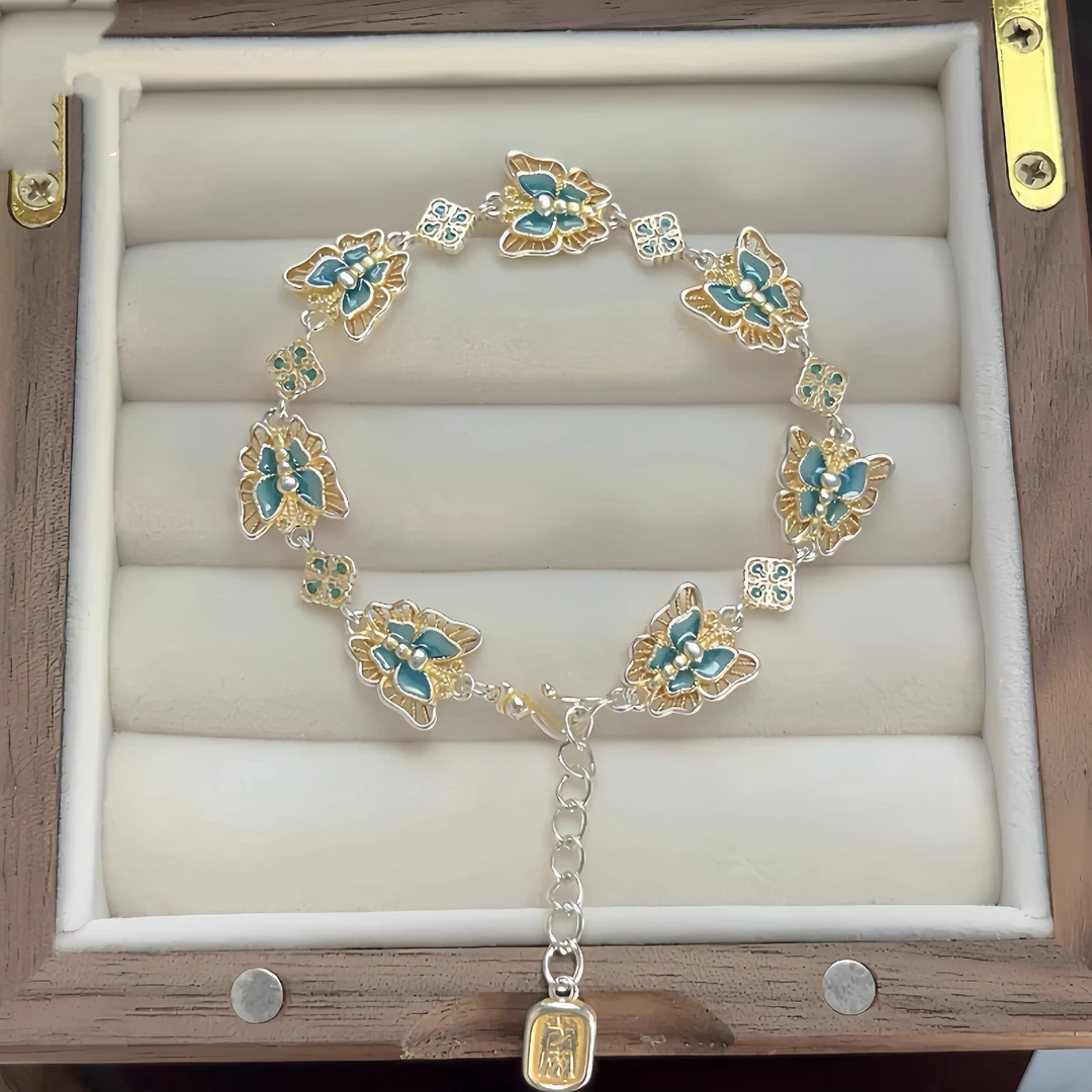 足银珐琅手链 足银999.9新中式描金珐琅蝴蝶手链新中式国风送礼物