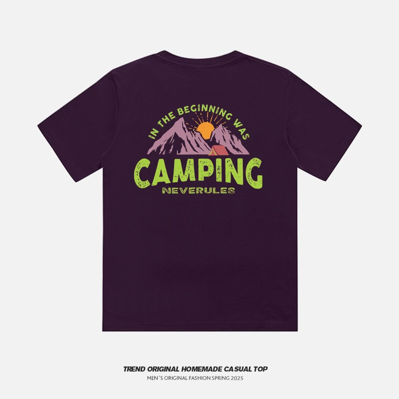 夏季原创设计感卡通去露营短袖宽松百搭纯棉美式t恤复古上衣潮bf