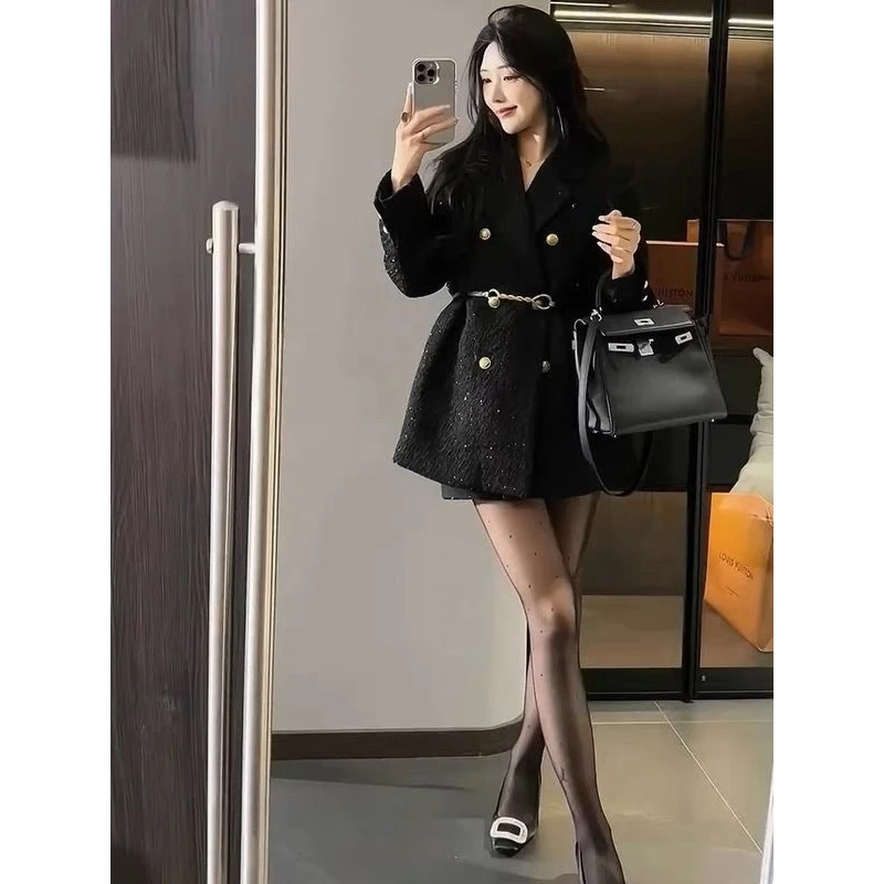 大码西装加棉外套女2025冬季新款宽松气质中长款小个子收腰大衣潮