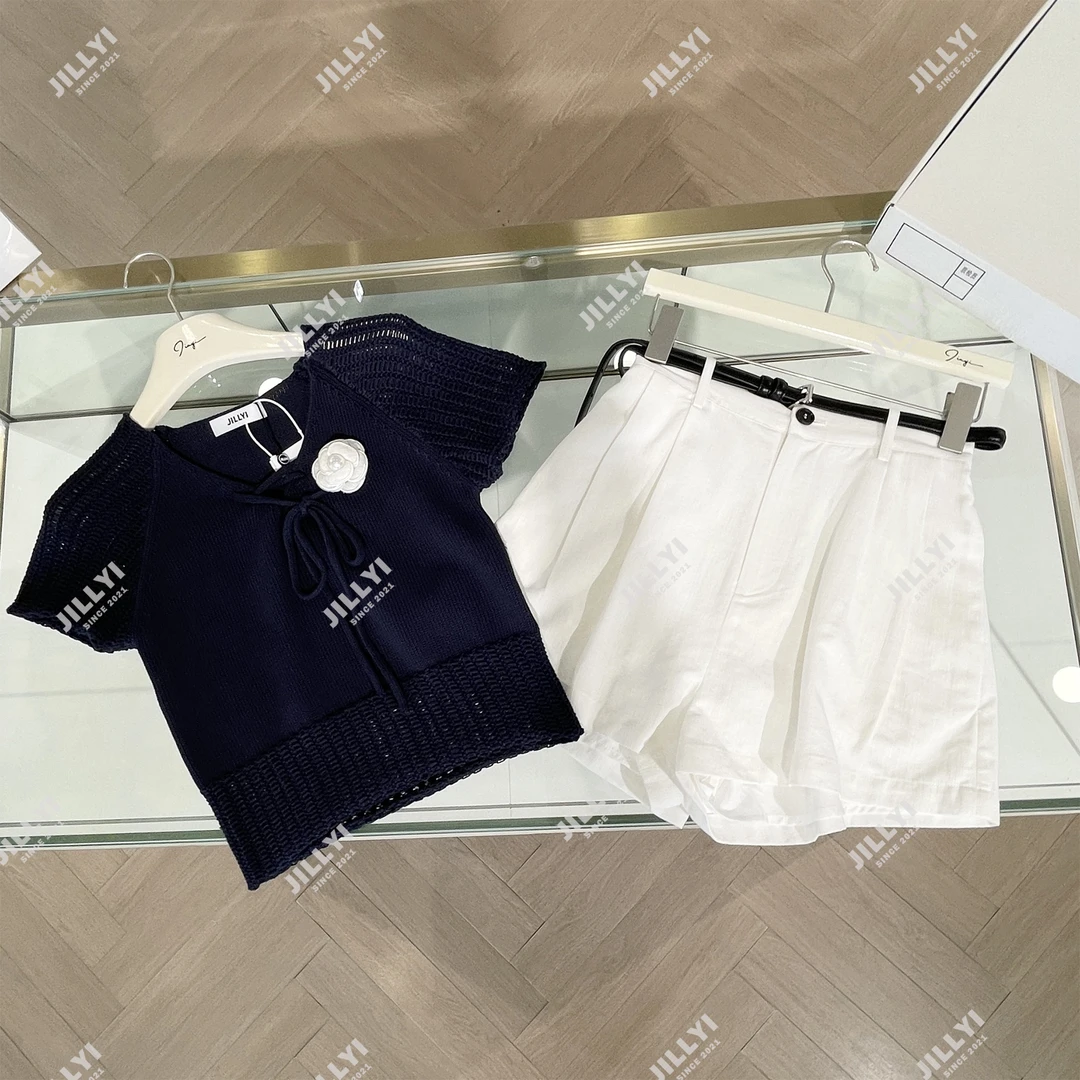 JILLYI珠海店【深蓝浪漫】+【纯白百合】】藏蓝色针织衫+纯色休闲裤