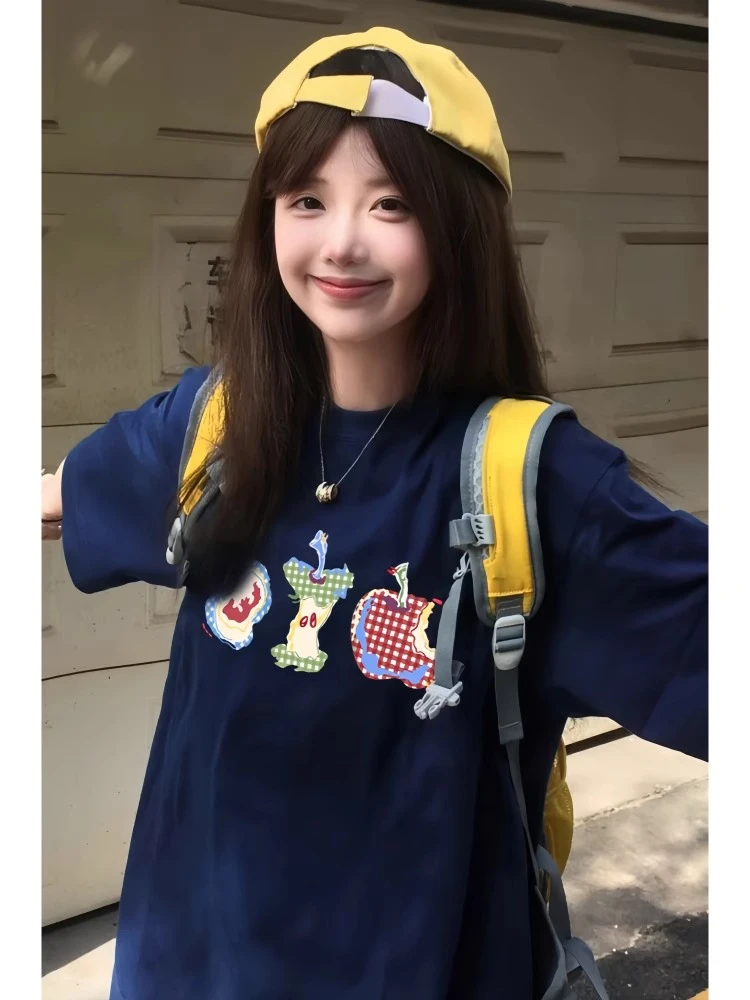 短袖蓝色夏季字母复古时尚印花女士纯棉百搭短袖宽松版早秋上衣