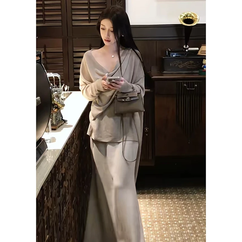 【薄荷雪糕】慵懒风法式时尚洋气轻奢长袖宽松上衣修身阔腿半裙套装