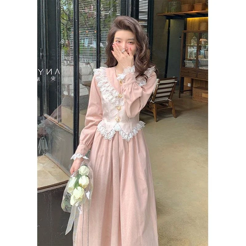 法式复古拼接设计感连衣裙女春季新款洋气宫廷风中长款假两件裙子