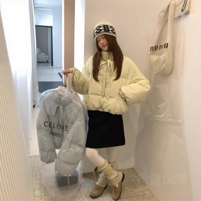 糖果色蝴蝶结立领羽绒服女2025冬季新款甜美时尚白鸭绒面包服外套