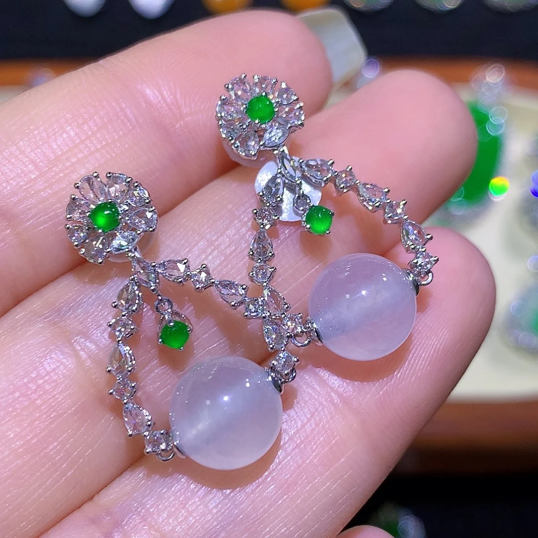 18K金镶嵌翡翠耳饰高冰圆珠