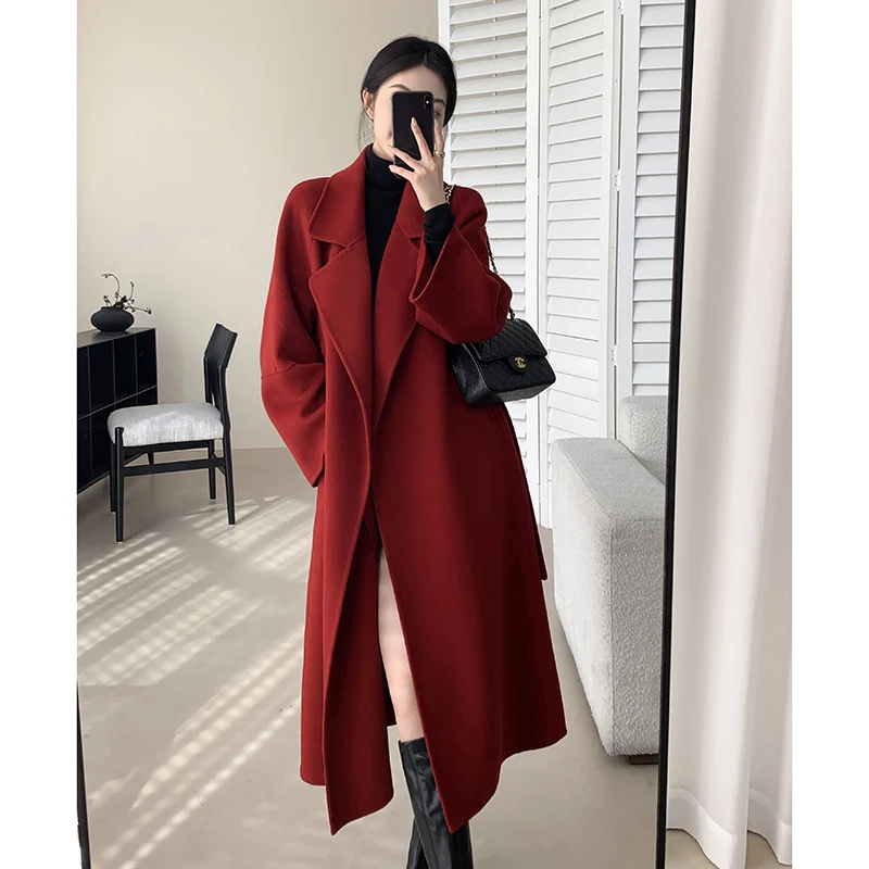 红色毛呢外套女秋冬季显瘦时尚双面呢大衣慵懒风极简风高级感穿搭