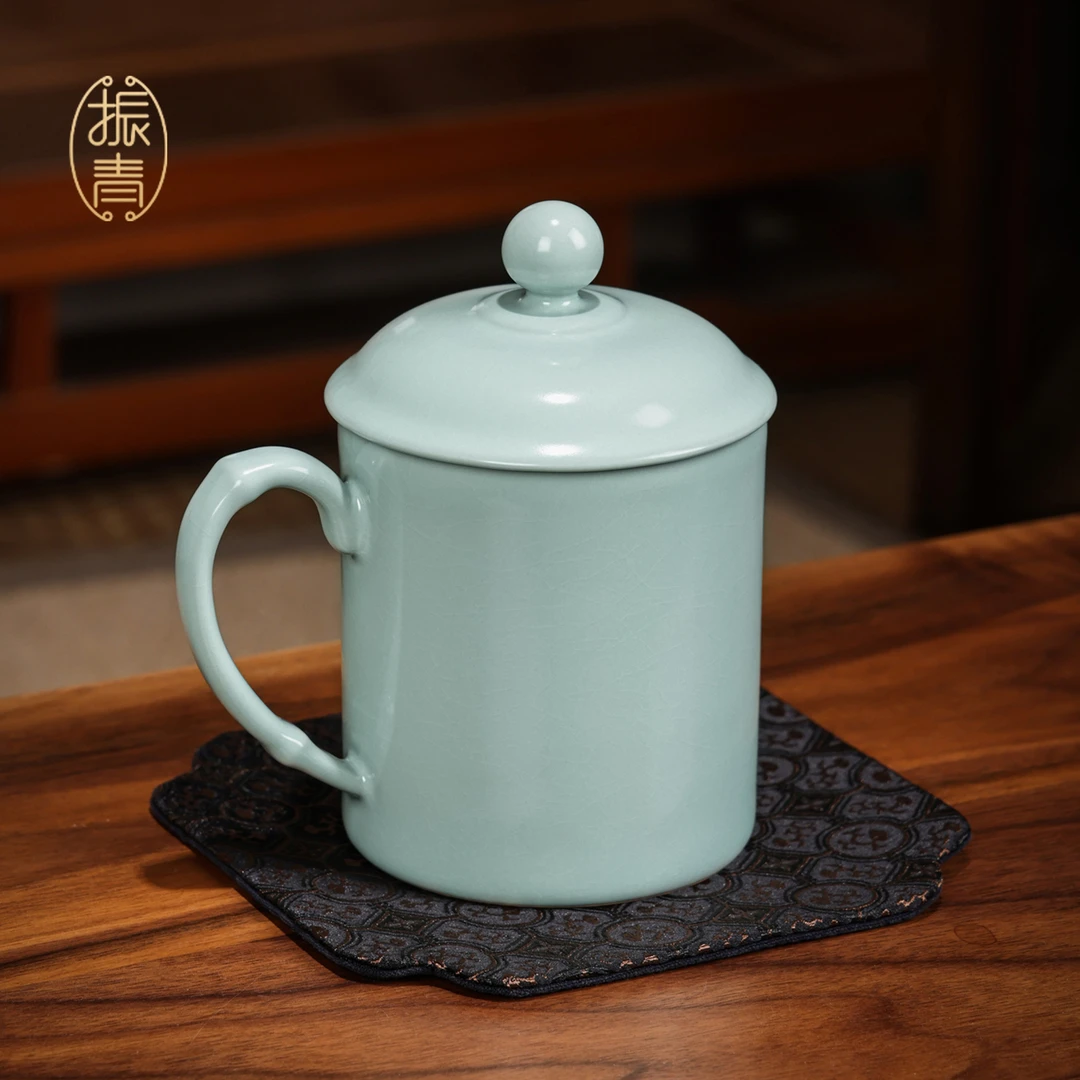 汝窑茶杯家用开片泡茶杯陶瓷带盖大号水杯个人办公会议杯青瓷礼品