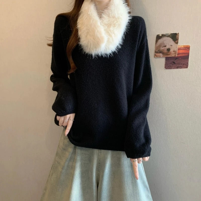设计感毛绒围巾领正肩针织衫上衣女大码胖妹妹高级感长袖套头毛衣