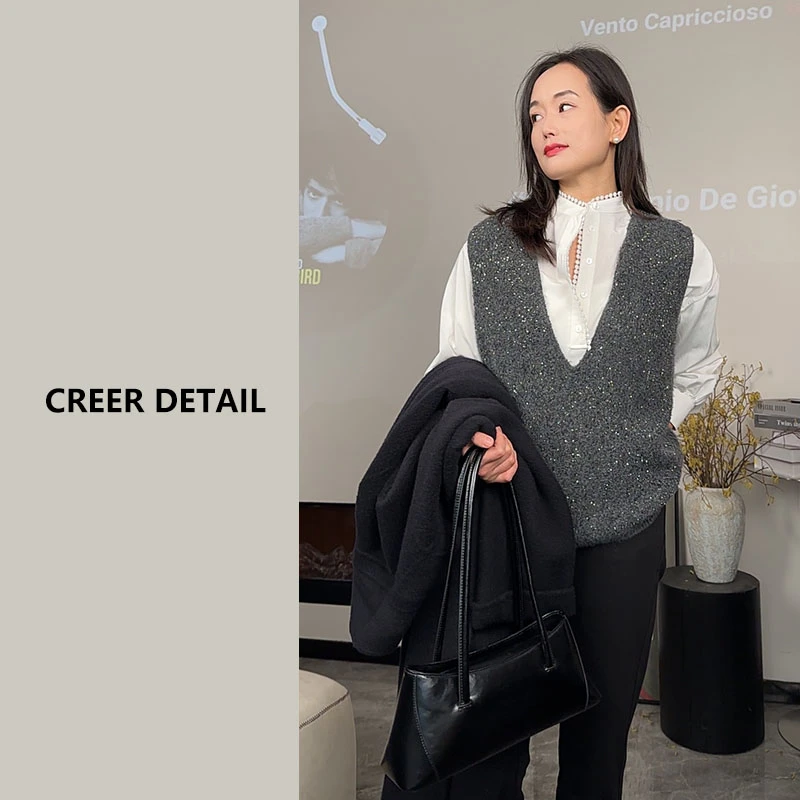 冬日叠穿针织毛衣羊毛+羊驼马甲闪闪V领显瘦