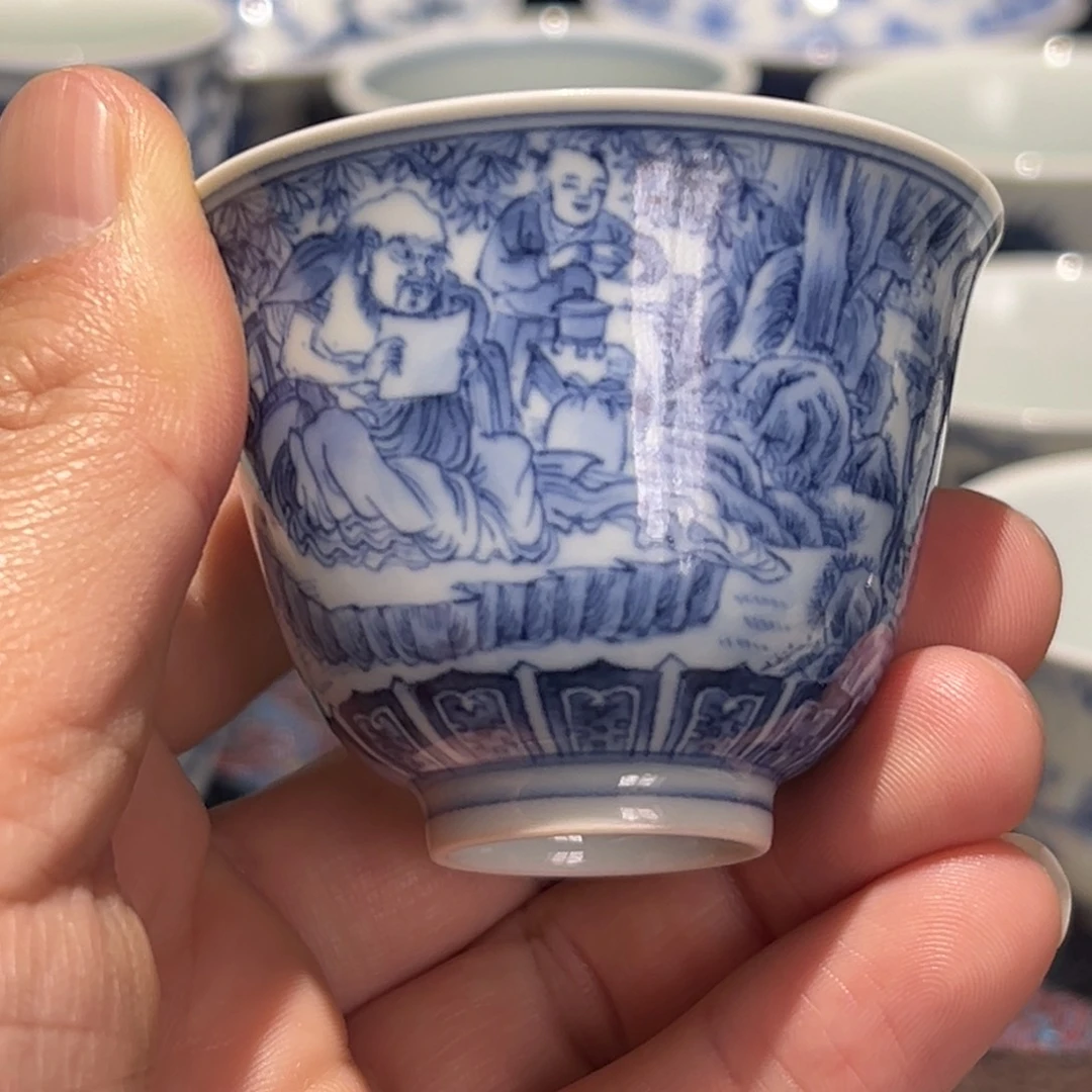 杯青花罗汉图人物故事铃铛杯口径约6厘米
