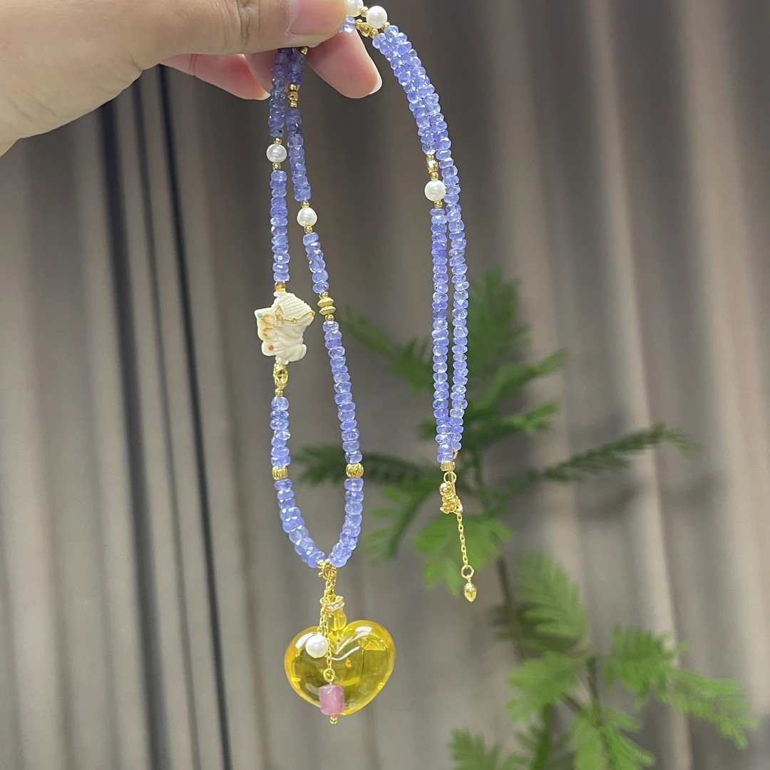 天然琥珀蜜蜡爱心 坦桑石项链 多样性发货微瑕A348