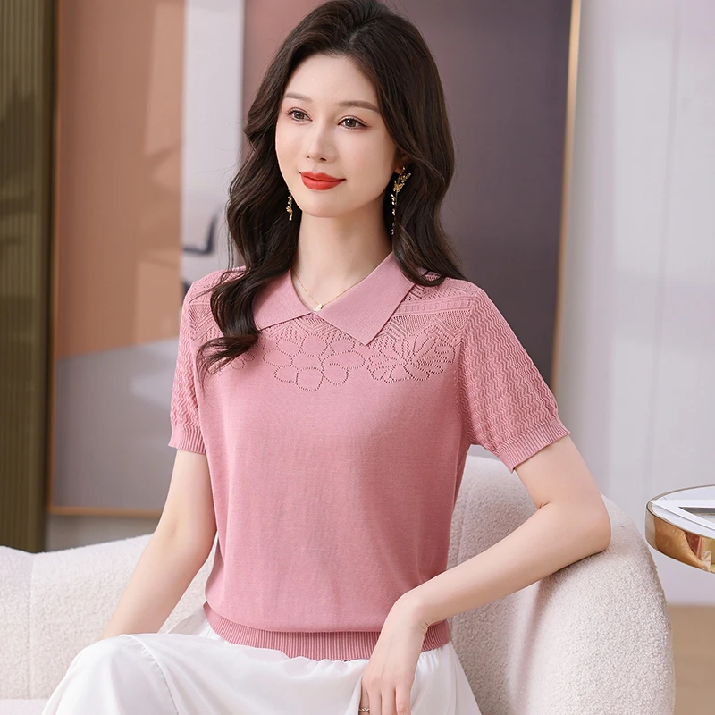 高档女装夏季短袖T恤气质减龄娃娃领天丝针织衫2025新款洋气小衫