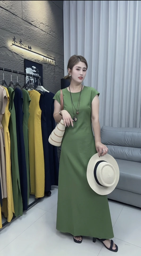 【现货专属】带袖子森系复古绿色吊带连衣裙女夏季收腰显瘦背心长裙