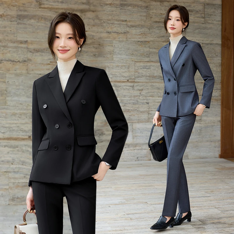 黑色西装套装女职业面试正装高级感双排扣行政经理工作服秋冬8652