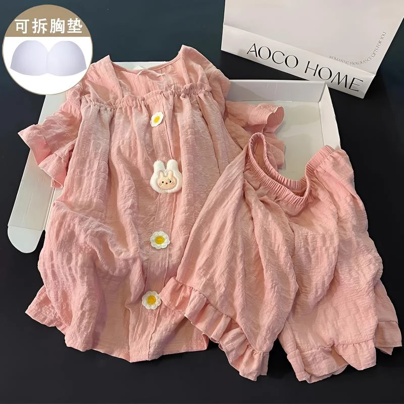 带胸垫睡衣女夏季2025新款甜美花边云朵棉粉色短袖宽松家居服套装