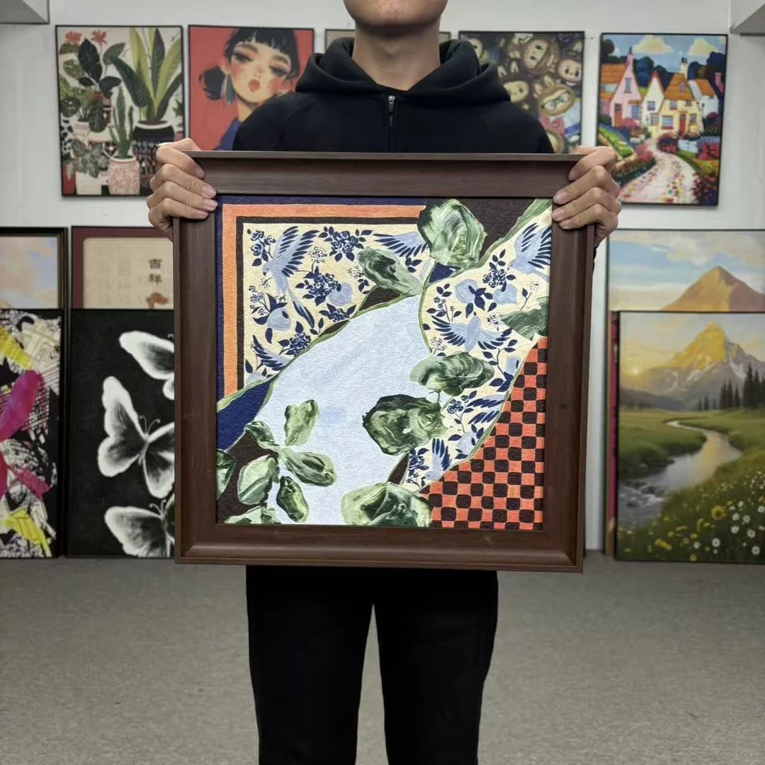 轻奢小众风棋盘格花鸟装饰画用于客厅玄关背景墙5050