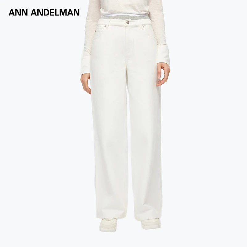 ANN ANDELMAN24FW 早秋双腰头拼接LOGO织带高腰直筒长裤牛仔裤