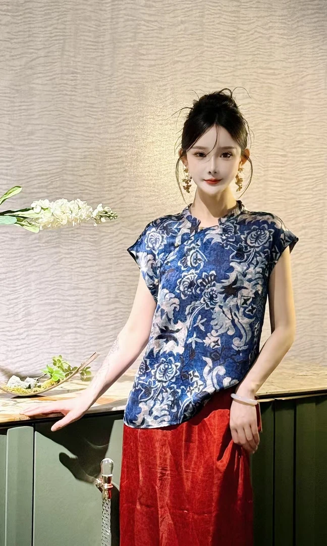 3273新款新中式青花瓷小衫复古精致夏季上衣