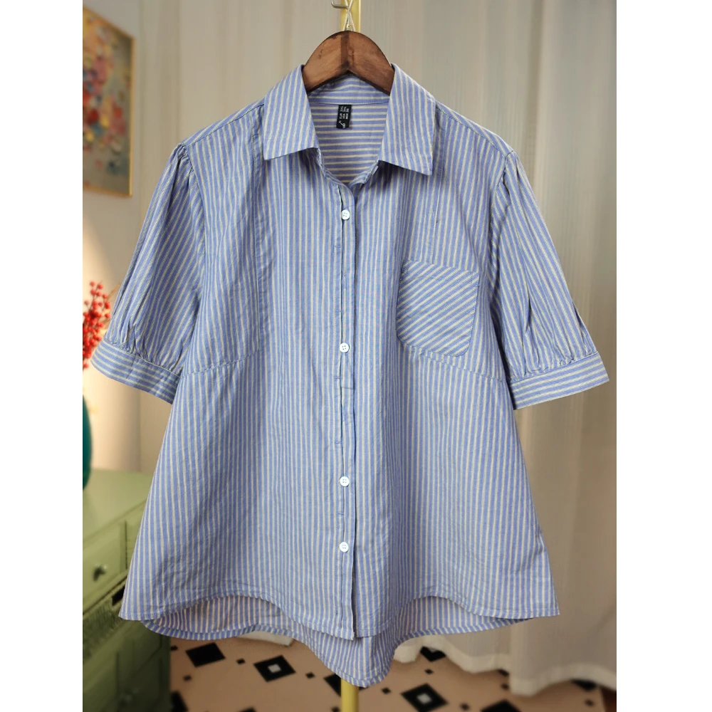 夏季大版短袖衬衫女胖mm宽松洋气遮肉上衣减龄洋气后背捏褶衬衣