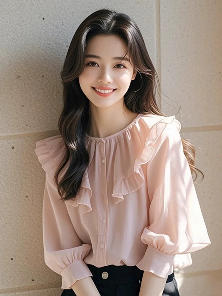 洋气新款法式小衫设计感百搭显瘦甜美小清新粉色荷叶边上衣女夏