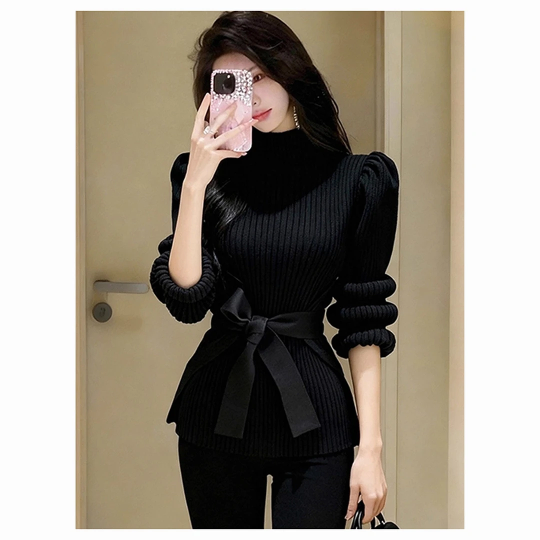 高级感绝美黑色高领收腰系带长袖毛衣针织衫女冬季款修身气质上衣
