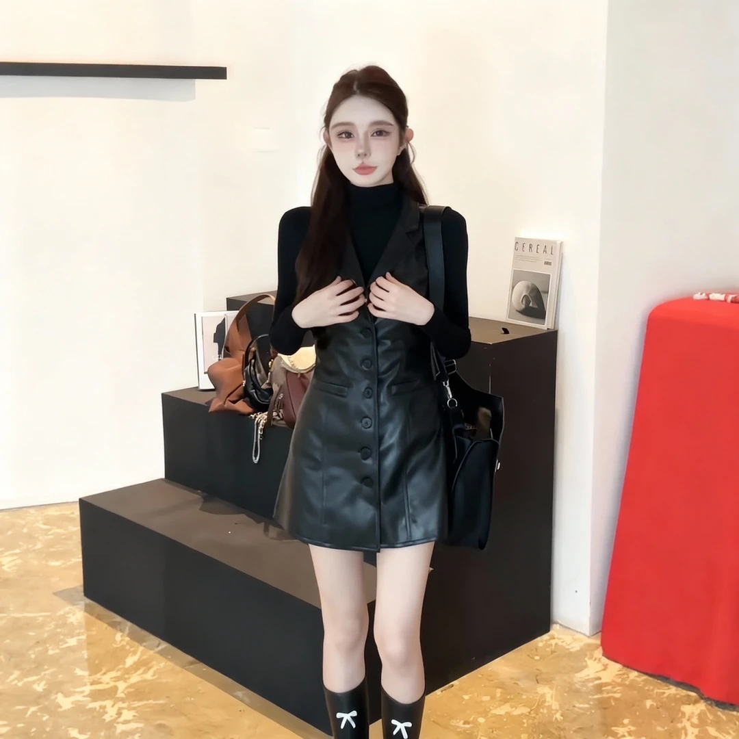 秋季韩系PU皮吊带背心连衣裙女显瘦百搭套装