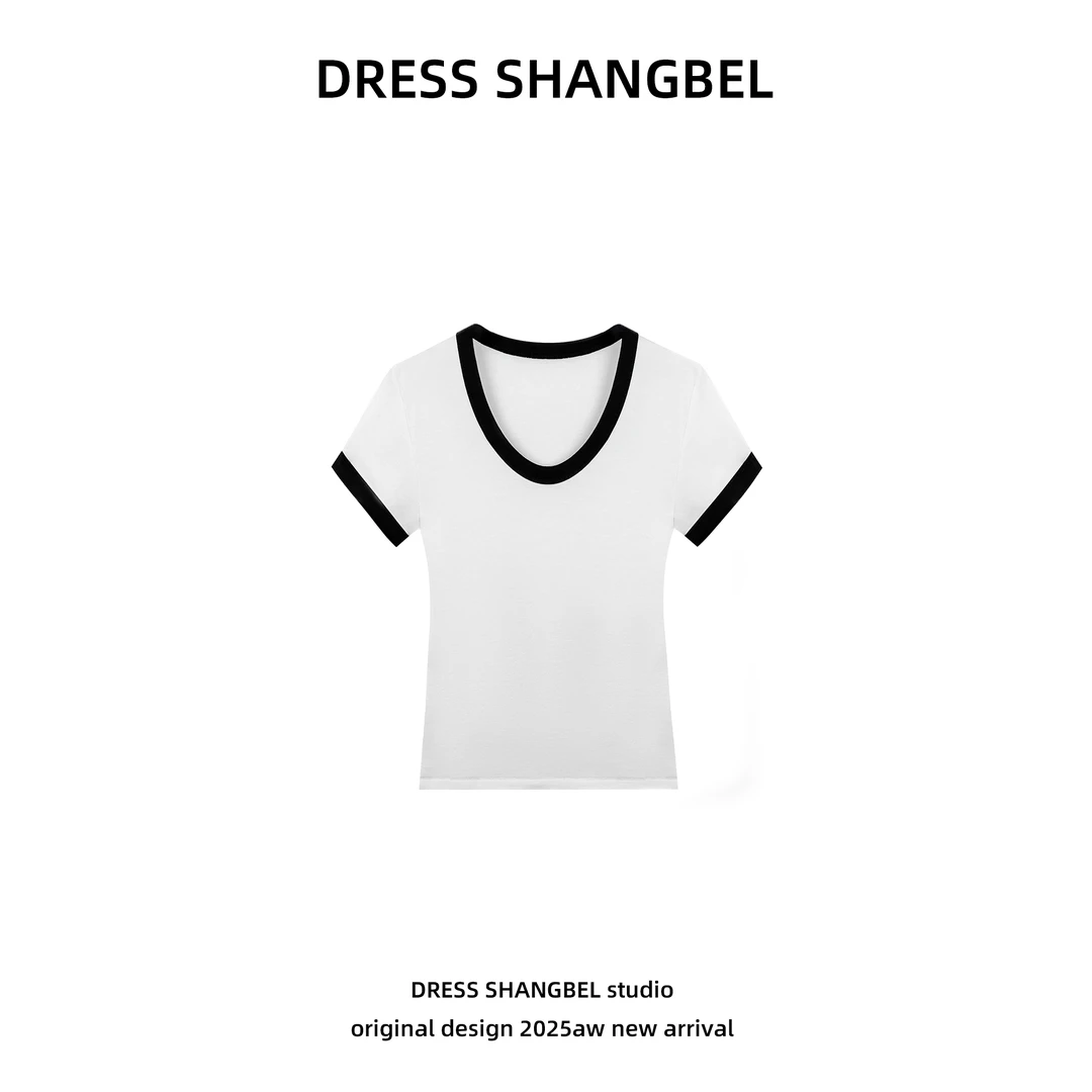 DRESS-2025新款C36夏季休闲高级感修身撞色短袖T恤5129