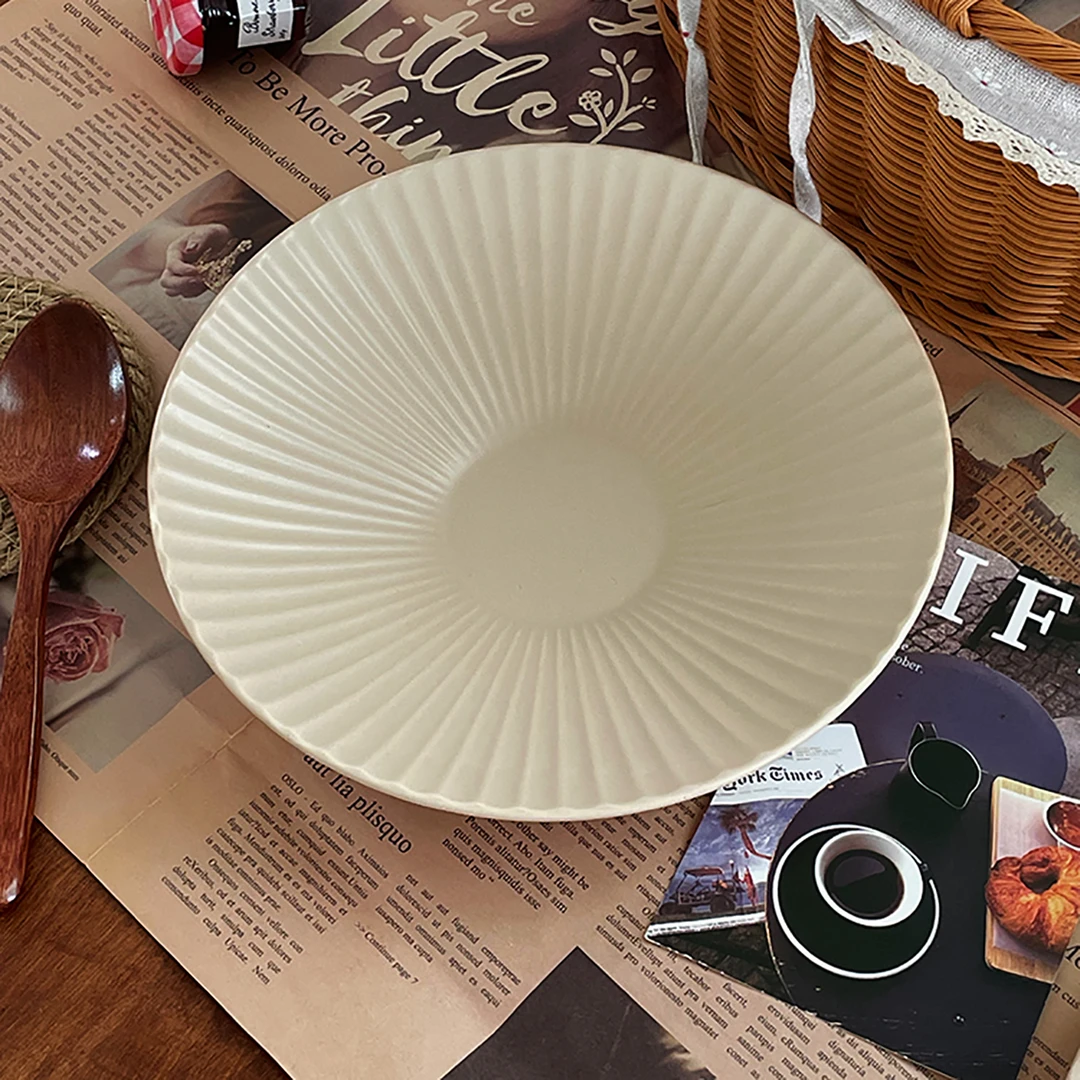 650ml（21.5cm*4.5cm) QIANMU 寻雾系列-咖8.5英寸竖纹斗笠盘陶瓷