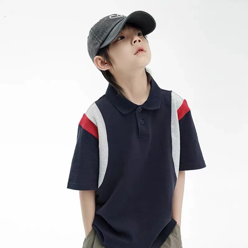 藏青拼色男童夏季休闲POLO衫翻领T恤儿童透气半袖体恤潮童装上衣