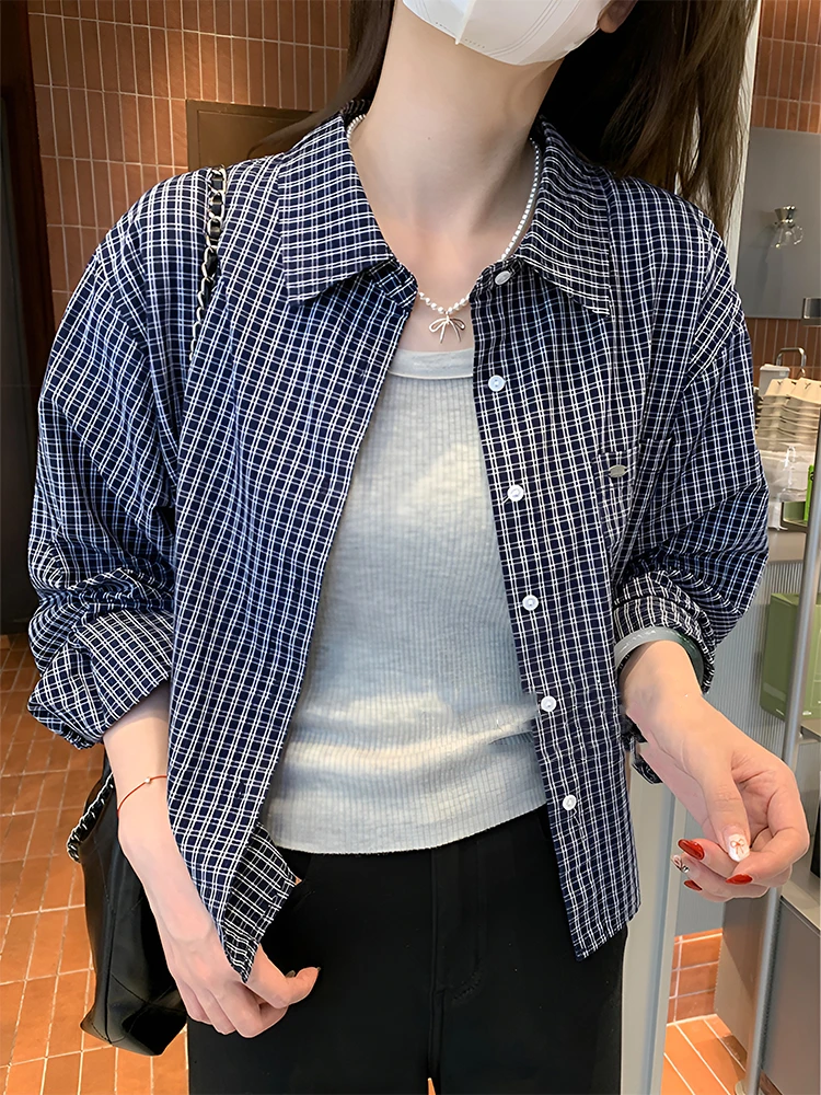 港风小个子短款格子衬衫女2025早秋新款韩版宽松休闲百搭上衣外搭