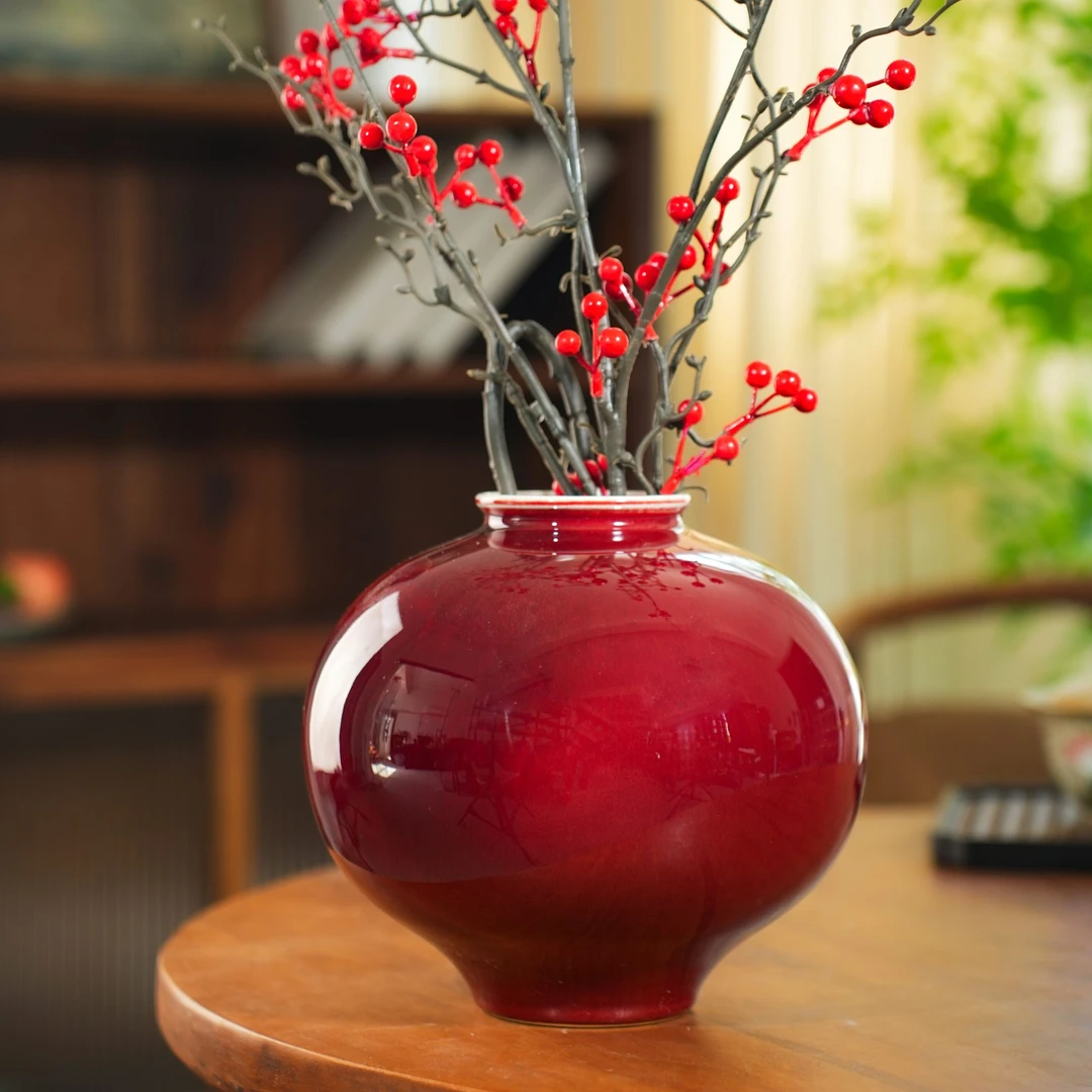 景德镇郎红新中式手工艺术家居客厅装饰茶桌干花水培陶瓷花瓶摆件