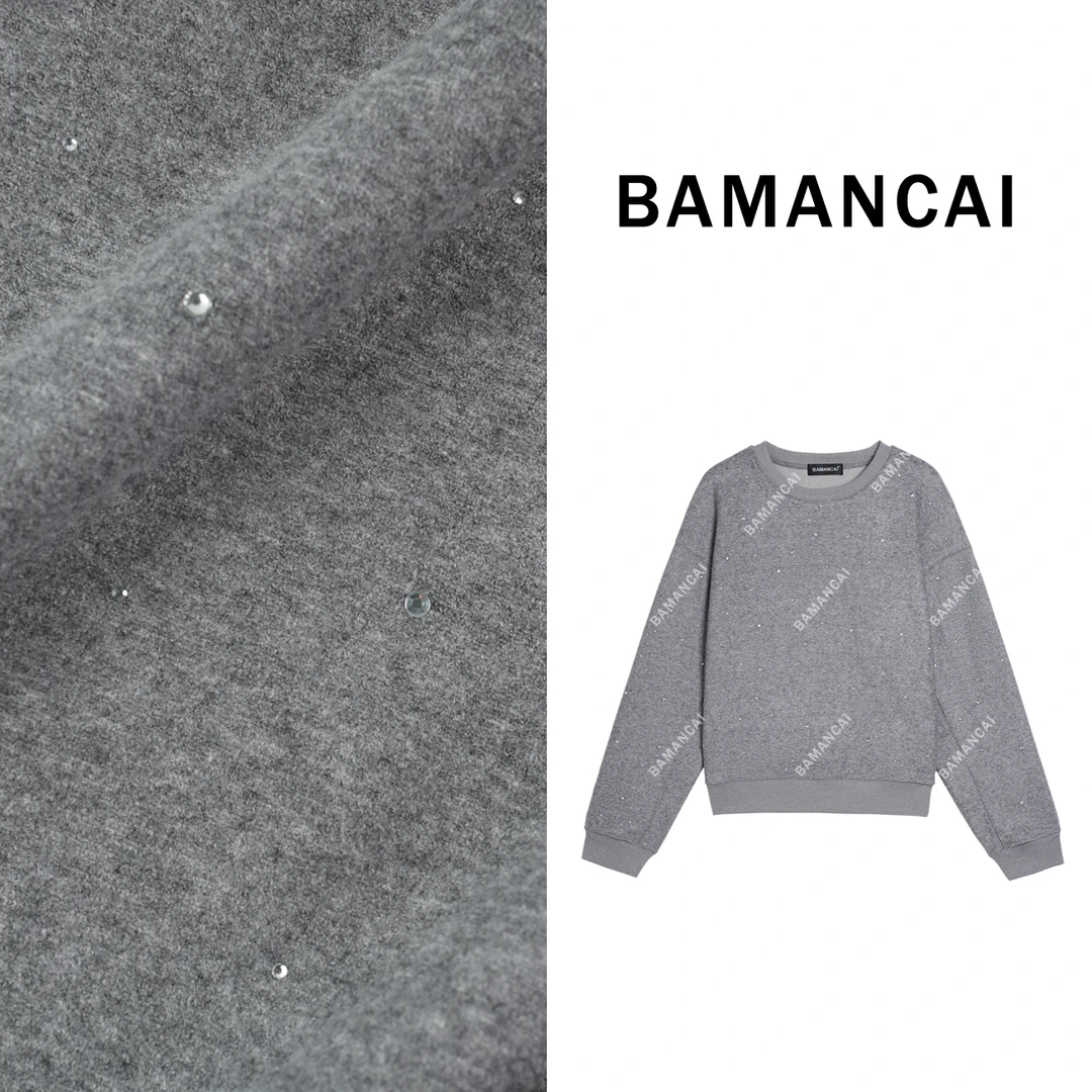 Bamancai-设计感新款重工烫钻装饰圆领套头卫衣加绒减龄百搭款