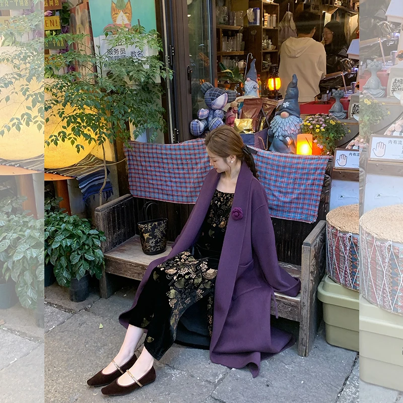 崔与熙CUIXI【竹烟月】双面羊毛翻领落肩袖中长款毛呢外套大衣